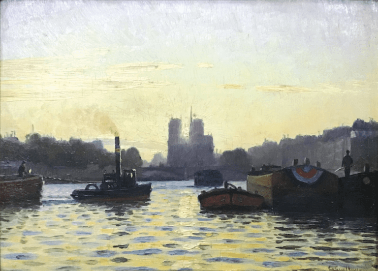 Guilloux Charles Victor, peinture XIXe, Notre Dame, soleil couchant, vente Tessier Sarrou